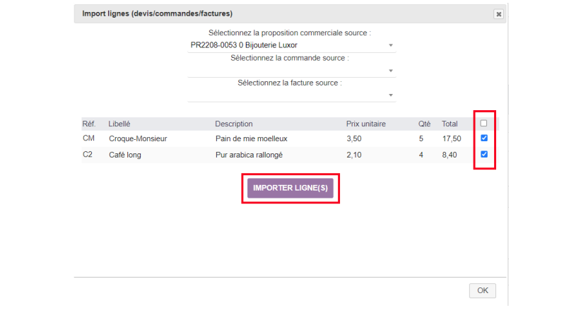 import ligne devis