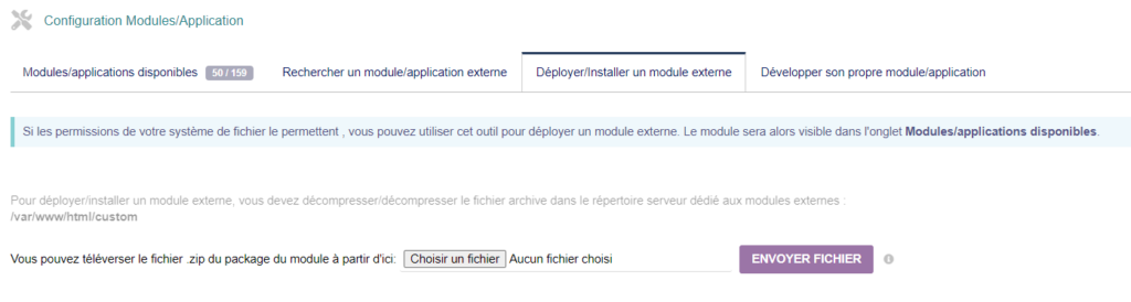 Interface d'istallation d'un nouveau module Dolibarr